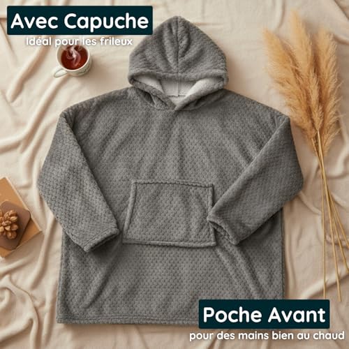 PZL CONCEPT Plaid Pull Sweat à Manche Extra Large, Capuche et Poche – Taille Unique 118 x 85 cm -Homme et Femme – Intérieur Blanc Sherpa (Gris Clair) – vue 3