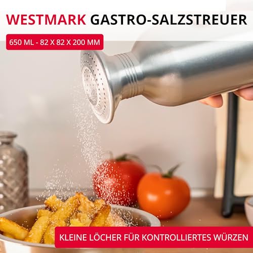 Foto von Westmark Gastro-Salzstreuer Omega – praktischer Gewürzstreuer für Gastronomie und Großküche, auch für Zucker geeignet, Salzdose mit Deckel – Aluminium, 650 ml, Silber/Transparent