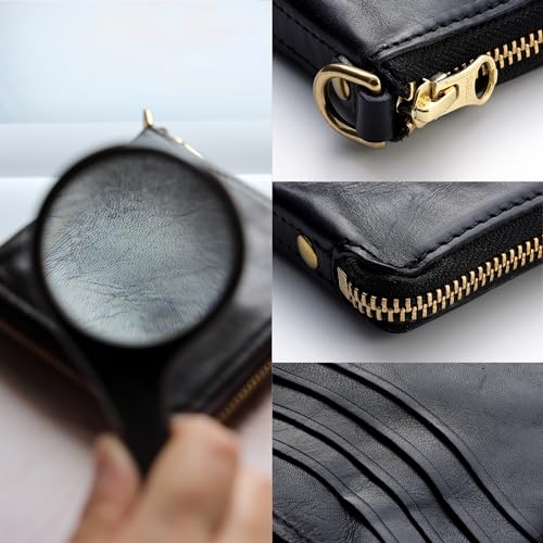 IJUN Handmade Vintage Men’s Bifold Zipper Wallet - Full Grain Oil Vegetable Tanned Cowhide Leather (Black)3