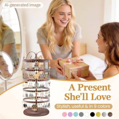 Image of Modowey Rotating Earring Holder Organizer Stand, 5 Tier Metal Tree Display for Women Vendors, 220 Holes Adjustable Jewelry rack for Stud Hoop Dangle Storage, Trendy Carousel Keeps Dresser Neat, Bronze