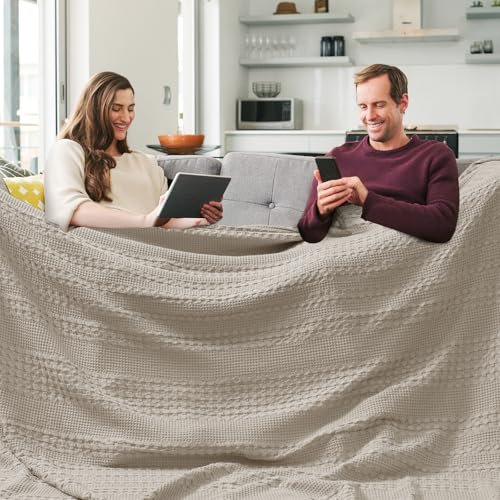 Image of PHF 100% Cotton Waffle Blanket Oversized King 120 inchx120 inch, Lightweight Breathable Extra Large 10'x10' Blankets for Bed, Giant Big Luxury Aesthetic Woven Bedding for Home Decor, Pearl Gray