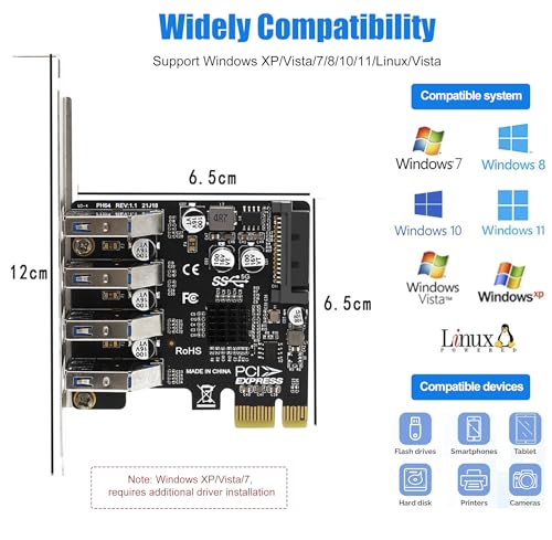 Image of PCI-E USB 3.2 GEN1 Card 4-port PCI Express to USB-A Expansion Card, 5Gbps USB 3.0 Port Controller Adapter for Windows 11 /10 /8 /7 /XP /Vista /LINUX, Can Connects to High Power Devices to 15PIN Power Supply