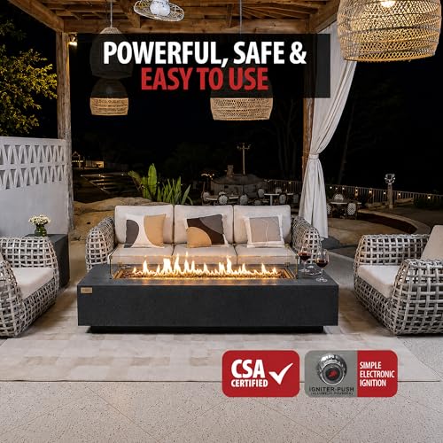 Image of AMS Creations | Savanah 72 inch Rectangular Cast Concrete Natural Gas Fire Pit Table | Dark Gray | Travertine Texture Surface | Electronic Ignition | Outdoor Patio Heater Outside Backyard Fireplace