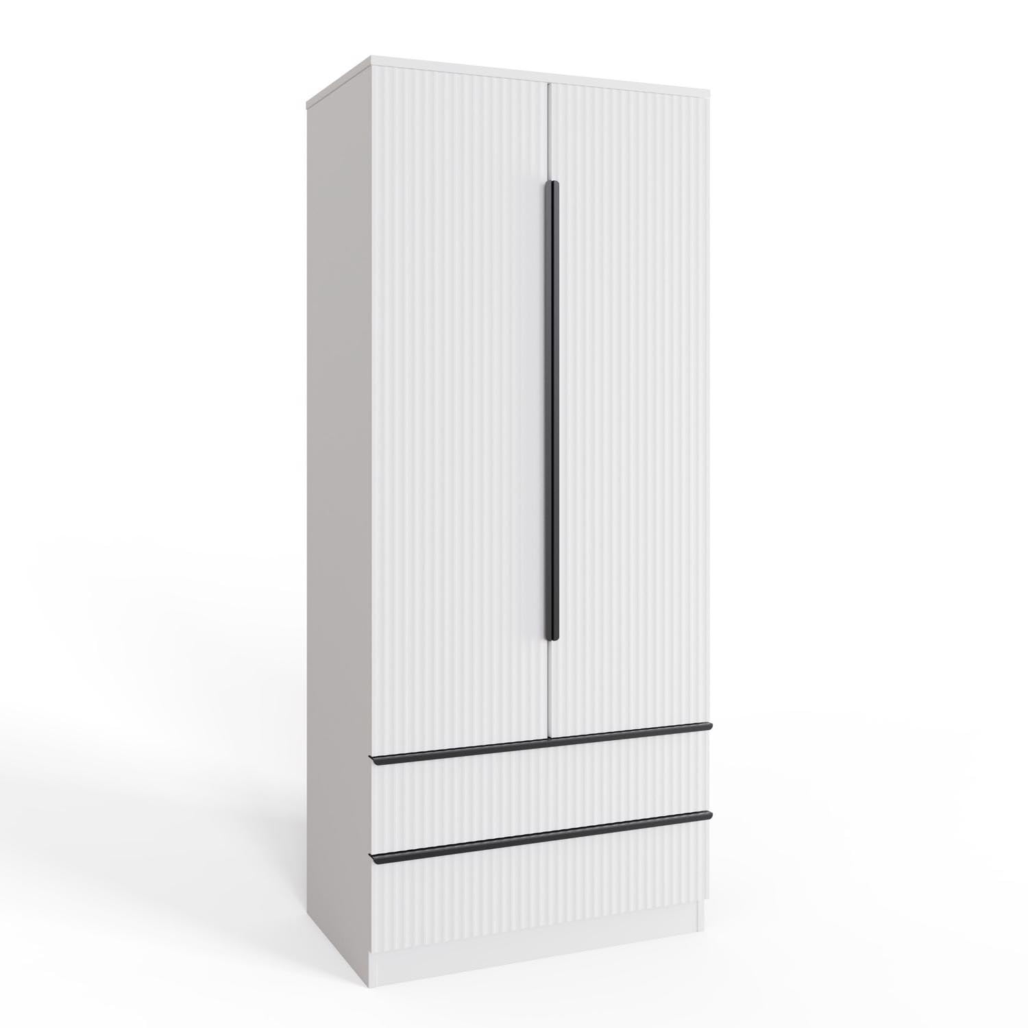 FWStyle Lania White 2 Door 2 Drawer Combination Wardrobe - Ripple Effect Doors - Metal Hanging Rail - Scratch Resistant