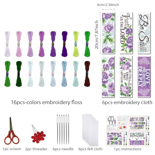 Image of FREEBLOSS 6 Set Cross Stitch Bookmark Kits Purple Rose Pattern Stamped Cross Stitch Kit 11CT Embroidery Kit with Instructions for Beginners 20x6cm /8x2.4inch