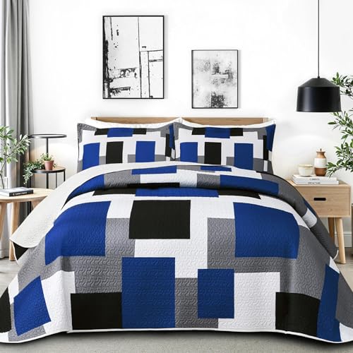 Image of Tyrot 3 Piece Blue White Grey Quilt California King Size Blue Bedding Set | Lightweight Bedspread, Geometric Coverlet with 2 Sham, Modern Abstract Soft Microfiber, Bed Cover for All Season, 118''x106''