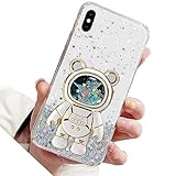 Miagon Bear Astronaut Glitter Stand Case for iPhone Xs/X,Bling Transparent Soft Quicksand Protective Slim Shockproof Cover with Astronaut Holder Kickstand,Transparent