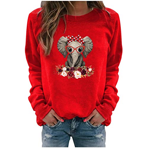 Womens Sweatshirt Tops Cute Floral Elephant Glasses Printing O Neck Long Sleeve Loose Pullover Blouse T-Shirt Red