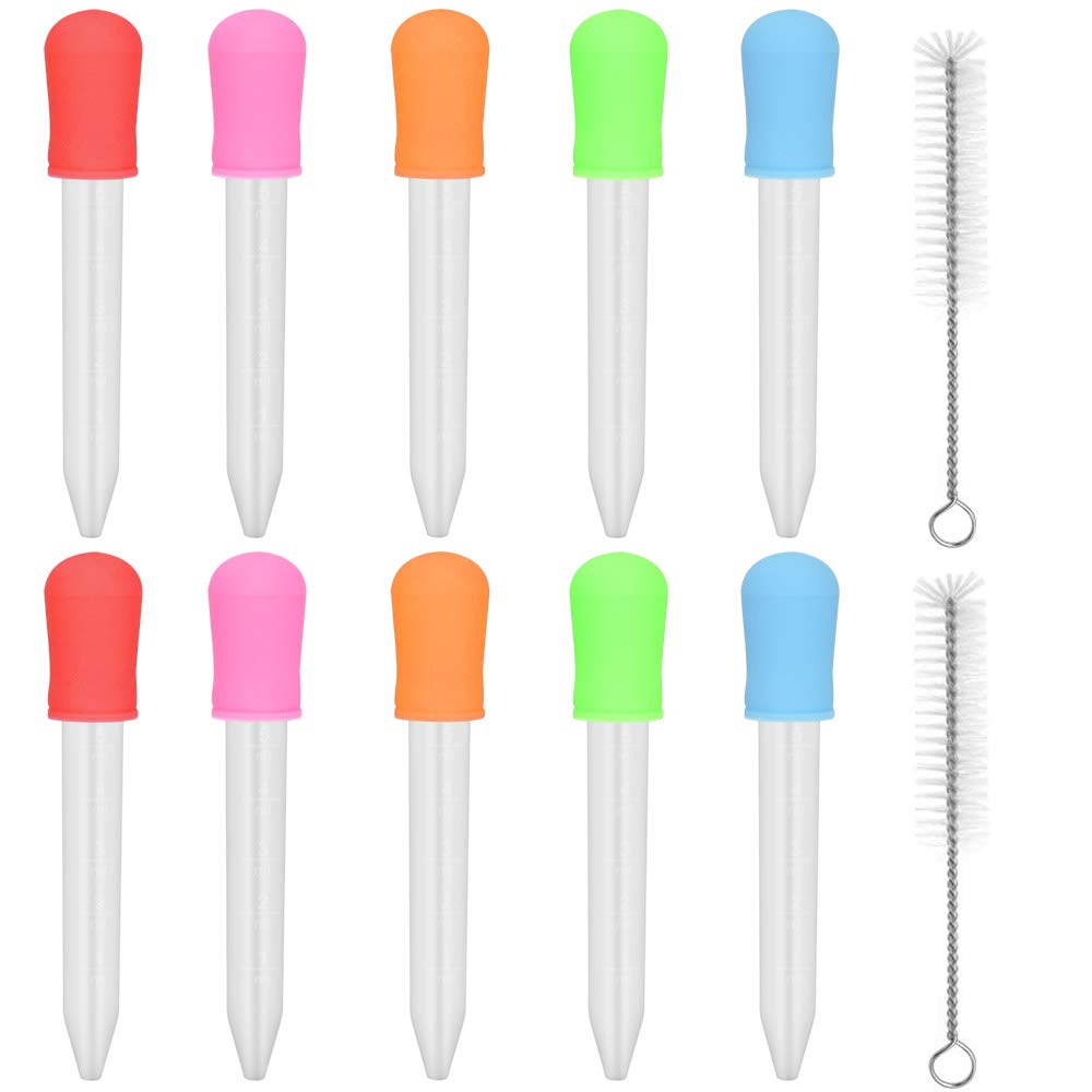 KBNIAN10 Pcs Liquid Droppers, 5ml Plastic Liquid Dropper Silicone and Plastic Droppers Pipettes with 2 Cleaning Brush Transfer Eyedropper with Bulb Tip for Children Gummy Making Candy Mold 5 Colors