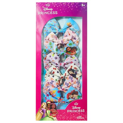 LUV HER Disney Princesses Alligator Hair Clips for Kids 7-Pack Non-Slip 4-Inch Hair Bows Girls Hair Accessories with Royal Character Prints Ages 3+ Non-Toxic Material