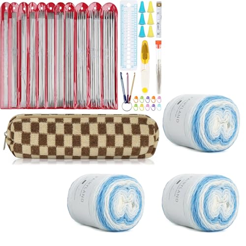 Image of Aeelike 55pcs Double Pointed Knitting Needles with 3 Skeins Super Soft Gradient Cake Yarn 100g (3.52 oz) 245m (267 Yards)