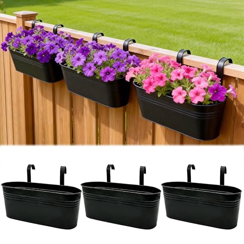 SYITCUN Metal Railing Planter Boxes 16 Inch 3-Pack Adjustable Hanging Flower Pots for Balcony Deck Porch & Fence Detachable Hook Design Black Heavy Duty Planters for Outdoor