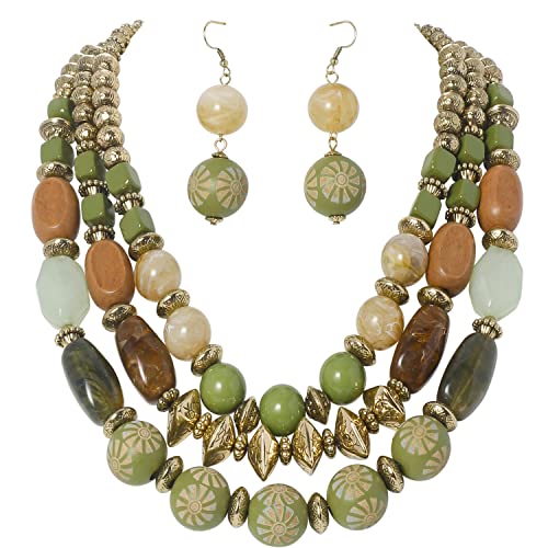 Bocar 3 Layer Chunky Statement Beaded Necklace and Earrings Set, Fashion Multi Layer Women Collar Necklace Jewelry Set