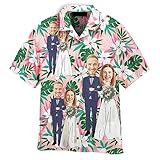 Funny Happy Wedding Couple Flower On Pink Tropical Custom Photo Hawaiian Shirt for Men & Women, Hawaiian Shirt Custom with Faces, Tropical Floral Shirt Short Sleeve Button Down Shirts Beach Shirt