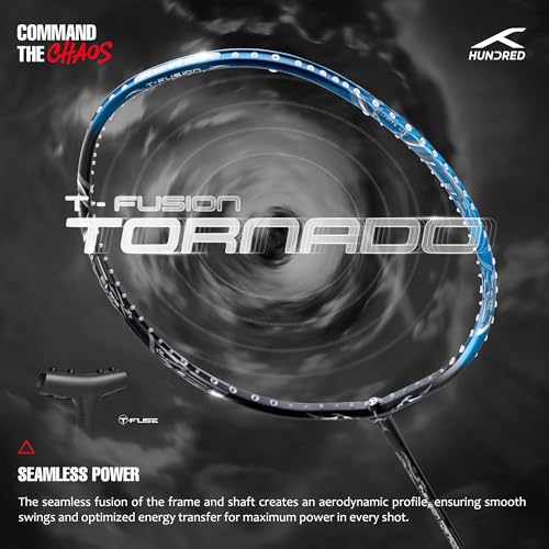 Image of Hundred T-Fusion Tornado Badminton Racket with Full Cover | ≤32 lbs | Performance Racket | Sturdy Frame & Smooth Swing | Offensive Shots & Fast Game