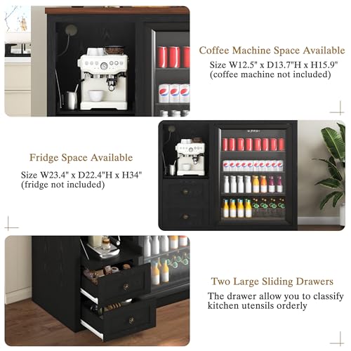 Image of 47.2 inch Coffee Bar Cabinet with Mini Fridge Space, Farmhouse Wine Bar Cabinet with Storage Drawers, Fridge Cabinet with Power Outlet, Sliding Shelf for Kitchen Dining Room, Black