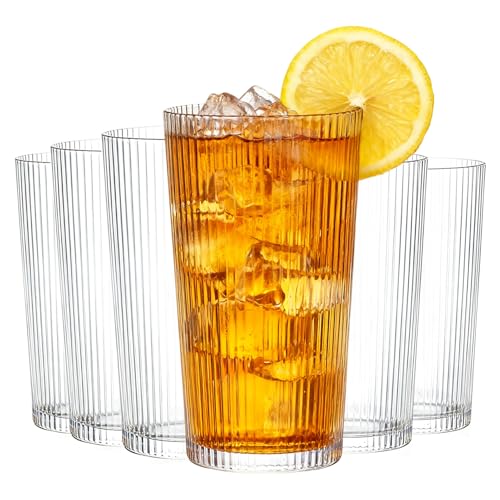 MYKAGS Lot de 6 grands verres vintage en verre transparent style origami, parfaits pour une utilisation en bar, boissons, café glacé, jus, vagues, 390 ml,...