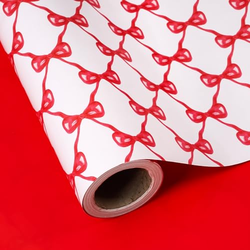 WRAPAHOLIC Reversible Bow Wrapping Paper - Mini Roll - 17 Inch x 33 Feet - Pretty Red Bow Wrapping Paper for Christmas Holiday, Birthday, Baby Shower