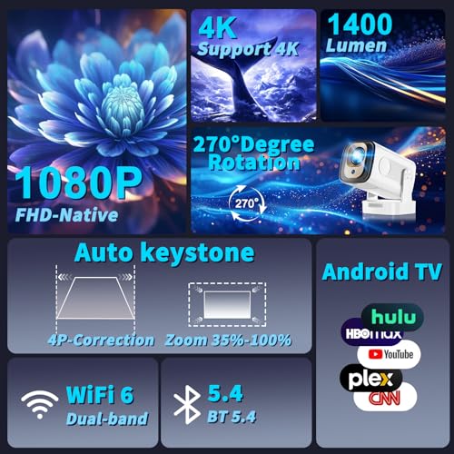 Image of Projector [Auto Focus & Native 1080P & Built-in Apps] Mini Portable Projector 1080P, 4K Full HD with WiFi 6 & Bluetooth 5.4, Auto Focus & Keystone, 270 Rotatable, Compatible with Phone /HDMI /USB,Black