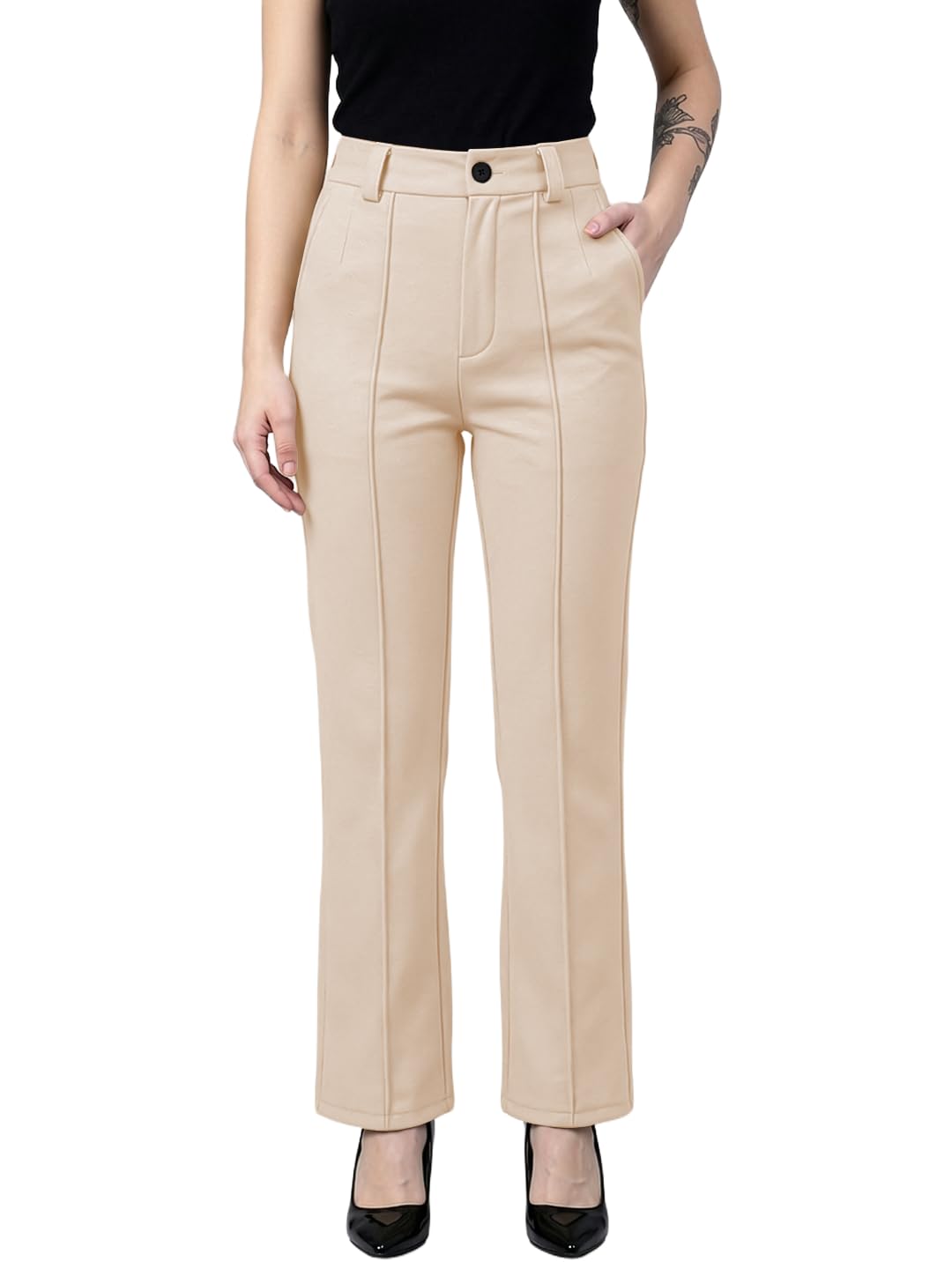 Women’s High Waist Formal Straight Fit Trousers Premium Stretch Office Pants Front Pleated Design Smart Workwear Bottom for Office, Casual & Business Wear-picture-31