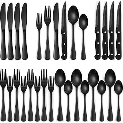 24-Piece Black Silverware Set with Steak Knives, Black Flatware Set for 4, Food-Grade Stainless Steel Tableware Cutlery Set, Mirror Finished Utensil Sets for Home Restaurant Cover