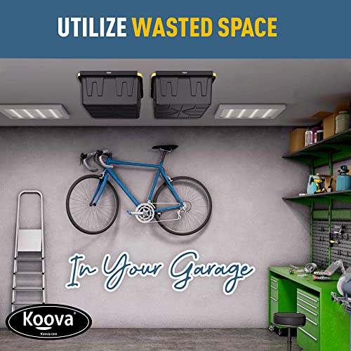 Image of Koova Heavy-Duty Overhead Garage Storage Rack for 2 Bins. Adjustable Width, 80lb Capacity. DIY Safe Ceiling Mount, Easy Install. Fits 27-Gallon Totes. USA Made Pro-Grade Steel. Space Saving Organizer