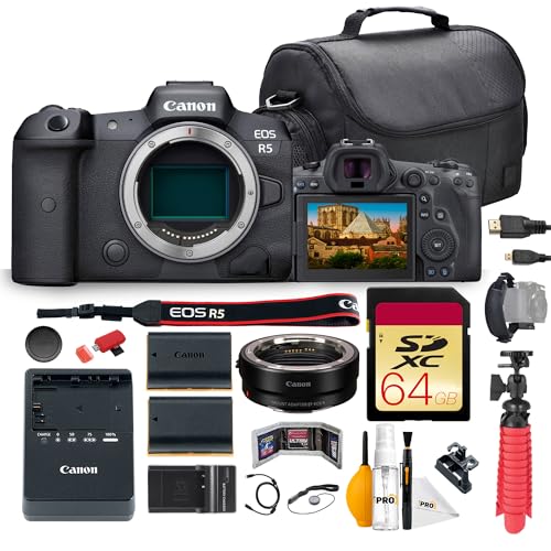 Canon EOS R5 Mirrorless Camera Bundle |45MP Full-Frame Sensor, 8K Video & Dual Pixel CMOS AF II |for Pro Photos, Weddings, & Hybrid Creators (4147C002) + Adapter EF-EOS R + 64GB Card + Battery + More