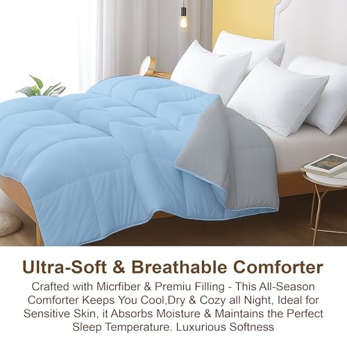Image of Bed Comforter - Double Size - Light Blue & Light Grey - 300 GSM Quilt Blanket Rajai - Winter Warm Down Alternative Duvet Insert with Corner Ties
