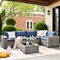 ovios 6 Pieces Patio Furniture Set, Outdoor Wicker Sectional Sofa with Coffee Table Comfy Cushions, Modern Modular Deep Seat Couch Rattan Conversation Set, Denim Blue