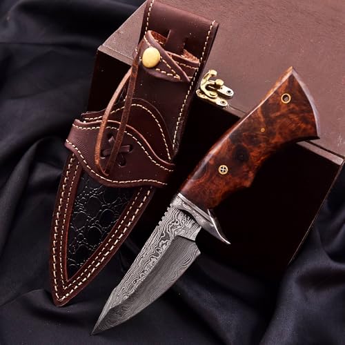 CraftTal. Jagdmesser-Taschenmesser-12 cm klinge Echtes 150 DamastStahl lagen Walnussholz Griff Ideal zum Häuten mit Lederscheide