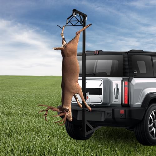 Deer Hoist for Truck Hitch Mounted Deer Hanger for Skinning or Cleaning Game, Heavy Duty Steel Deer Skinning Rack with Winch & Gambrel, Outdoor Hunting Accessories for Men, 500-lb Capacity