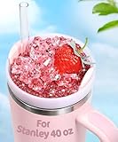 Toykee Lid Name Plate Topper for Stanley Cup 40 oz - Pink Strawberry Ice Cube Cute Decoration Accessories for Tumbler, Water Bottle Glitter Bling Decor for Women Girls
