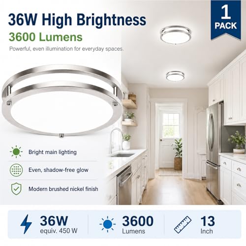 Image of 13Inch 36W (450W Equiv) Dimmable LED Ceiling Lights, 1-Pack 3600lm Bright Modern Flush Mount Light Fixtures, 2700K-6500K Adjustable Ceiling Lamps for Bedroom Hallway Kitchen Lighting, Brushed Nickel