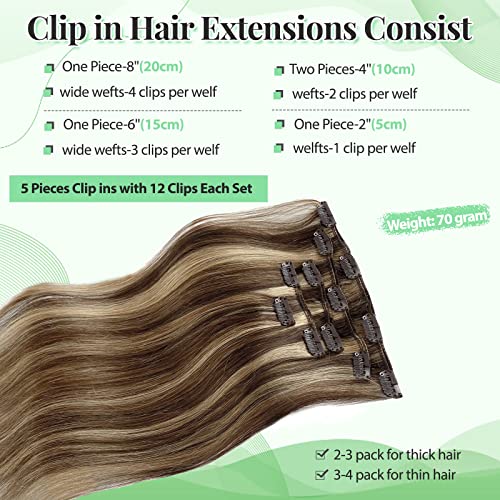 Image of Clip in Hair Extensions Real Human Hair Blonde Balayage Brown Seamless Silky Straight 22 Inch Clip ins Hair Extensions Blonde Highlights on Brown Hair 70g 5pcs