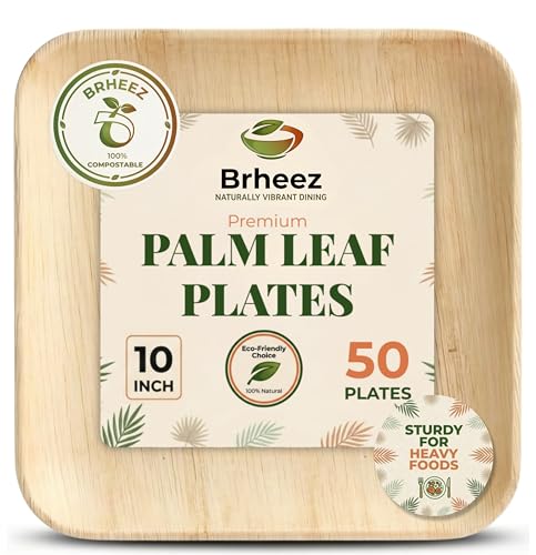 brheez Bamboo Plates Disposable Palm Leaf Plates | 10 inch bamboo dinner plates | Eco Compostable Biodegradable Plates 50 peice
