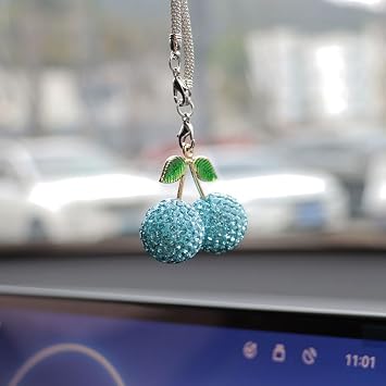 Cherry car Mirror Hanging Accessories,Sparkling Rearview Mirror Decor, Cute car Decor for Women,Cherry Crystal Rear View Mirror PendantBlue