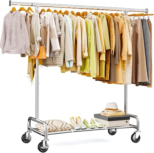 Raybee Clothes Rack Load 400 LBS, Clothing Racks for Hanging Clothes, Rolling Garment Rack with Sturdy Wheels & Shelf, Portable & Adjustable, Chrome