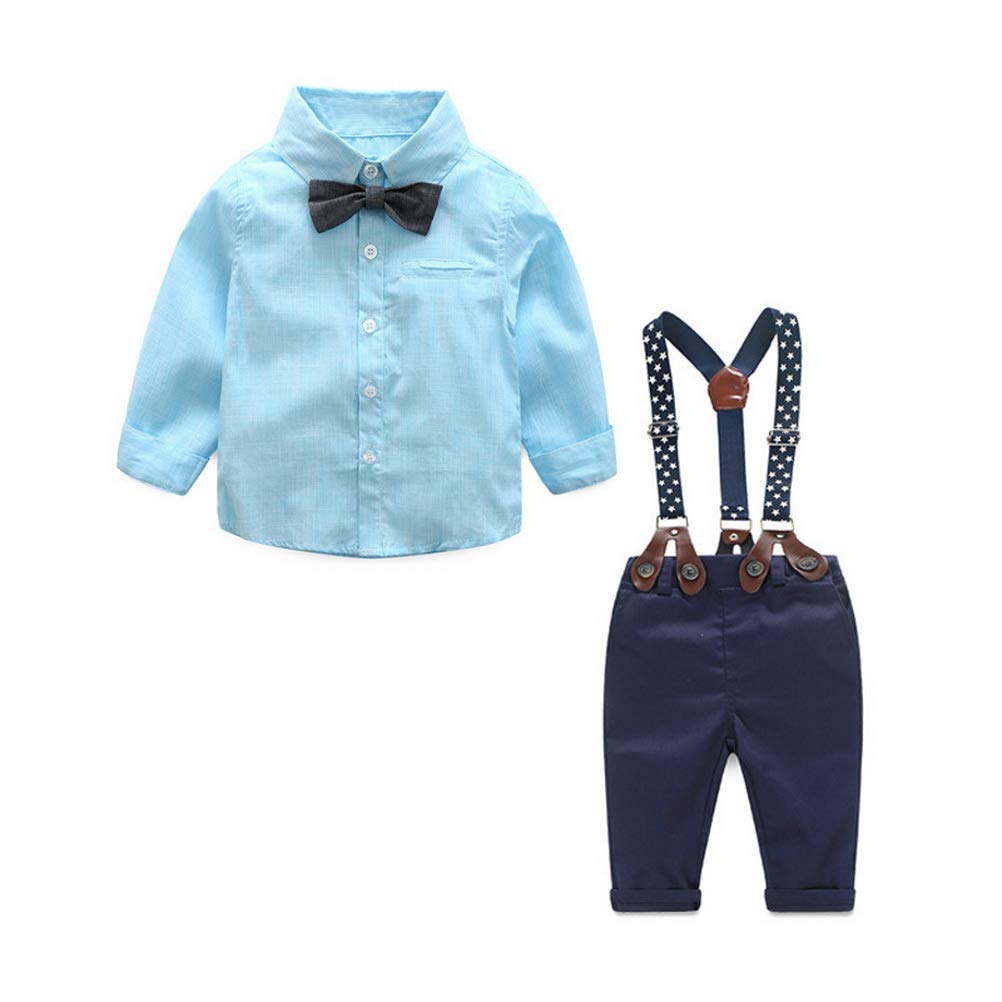 Odziezet Baby Boy Gentleman Clothing Set Infant Long Sleeve Shirt with Bowtie + Suspenders + Pants Set 3 Pack for 3-36M Light Blue