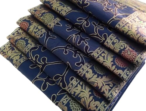 Image of Brocade Silk Placemats for Dinning Table 12 x 18 Inches Hand Embroidered, Set of 6 Decorative Placemats for Home (Navy Blue)
