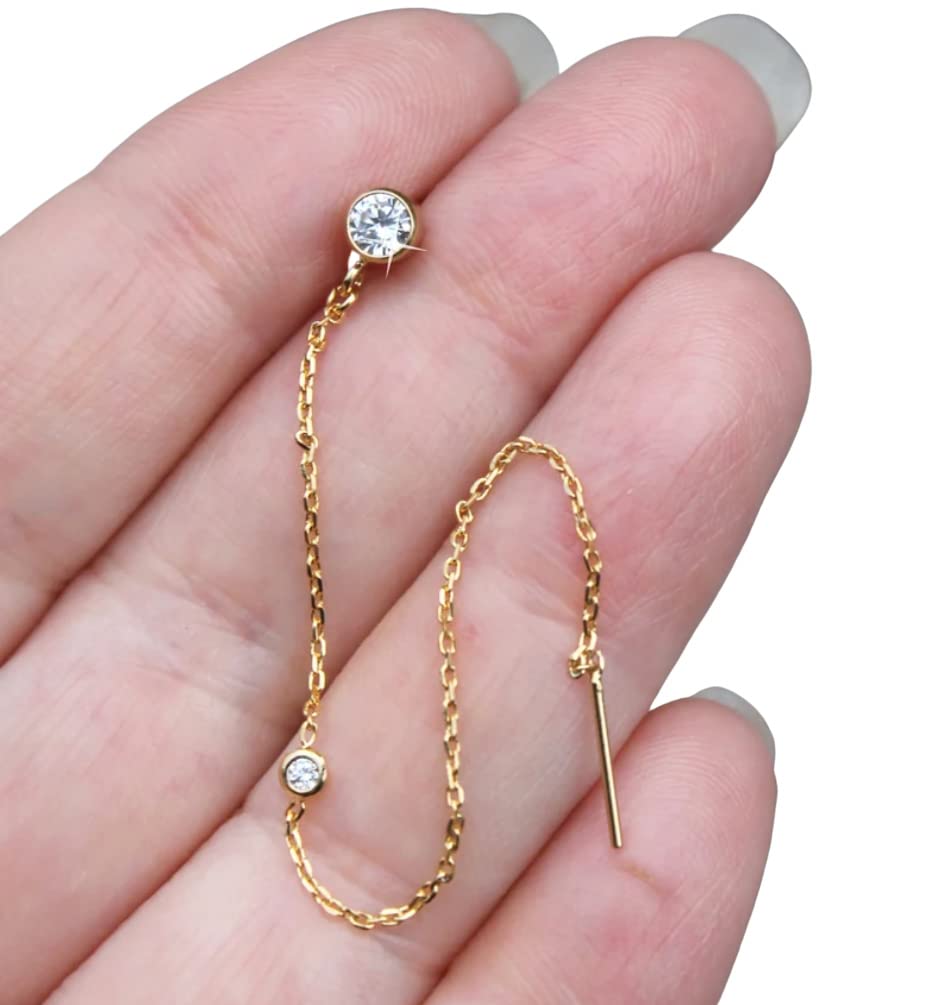 Cubic Zirconia Threader earrings, 14k gold filled CZ Diamond post stud, double piercing, connected earrings, thread, potionumber9