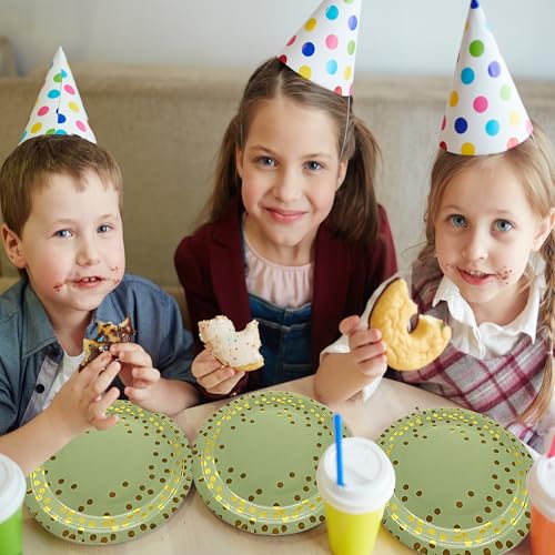 DTGDASCF Happy Birthday Paper Plates and Napkins - 7 Inch Sage Green Gold Dot Paper Plates and 6.5 Inch Napkins with 6.3 Inch Forks Disposable Tableware Set for Birthday Party Decorations - Image 8