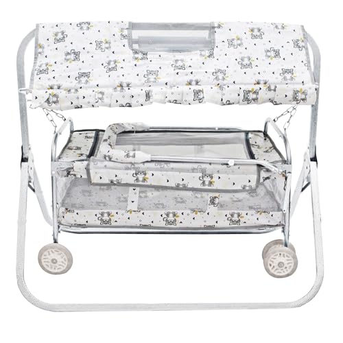 Image of BABYBLESSING Baby Cradle with Swing and Mosquito Net | with 4 Wheels | Foldable & Movable | Sturdy and Safe | Durable | Jhulla | Palna | Easy to use | White Grey