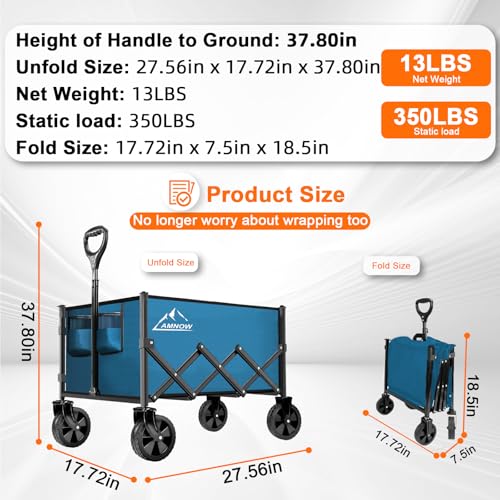 Image of Collapsible Folding Wagon Cart, 350LBS Utility Large Capacity Cart Foldable Wagon with All Terrain Wheels, Grocery Wagons Carts for Garden Shopping Sports Camping, Blue