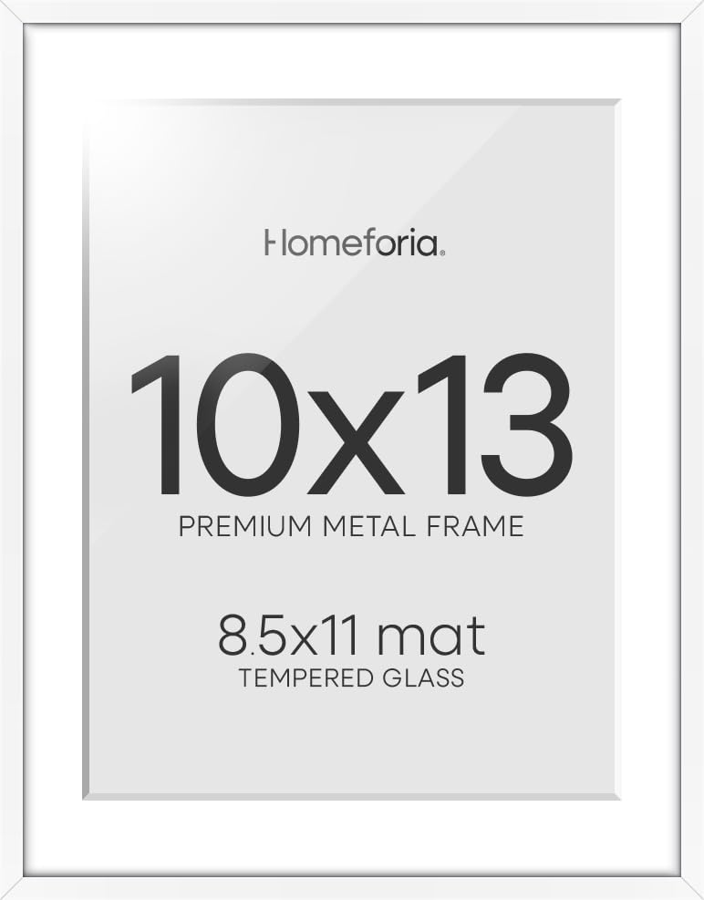Image of Homeforia 10x13 Picture Frame White, High End Metal 10x13 Poster Frames with Mat for 8.5x11, 10 x 13 White Frames Matted to 8.5 x 11 inch Photo, 10by13 Hanging Frames, Tempered Glass, Wall Kit, Set of 2