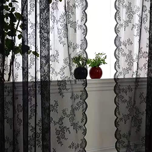 Deeprove Black Lace Curtains 84 Inches Long 2 Panels Set For Bedroom, Sheer Floral Embroideried Vintage Victorian Gothic Window Treatment Pair Ruffle Drape Pair For Halloween, Rod Pocket, W57 X L84 #TOP8