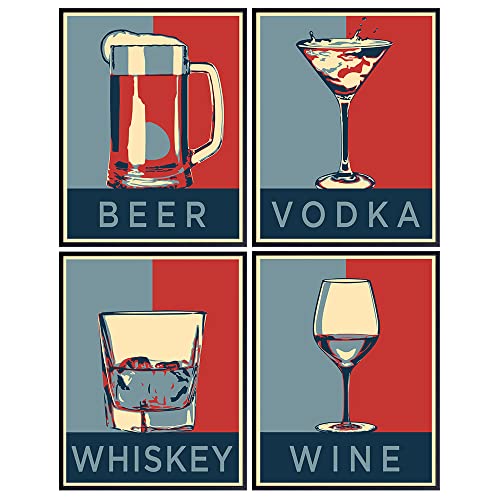 Wine, Whiskey, Beer, Vodka - Unframed Wall Decor for Bar, Kitchen - 8x10 Poster Prints, Alcoholic Drinks, Beverages Wall Art Home Decoration - Gift for Home Brewers, Men