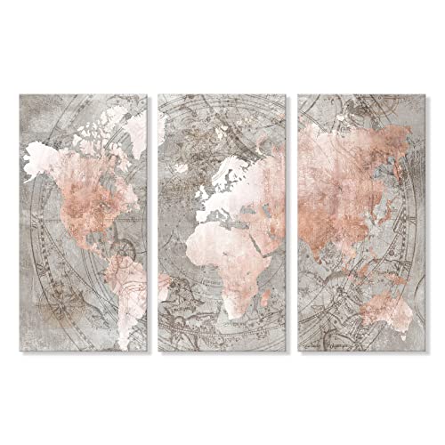 Goldfoilart Pink Watercolor World Map Wall Art Gray Pictures Wall Decor Large Canvas Poster Print Framed Artwork for Girl Living Room Bedroom Office Decorations 16"x32"x3pcs