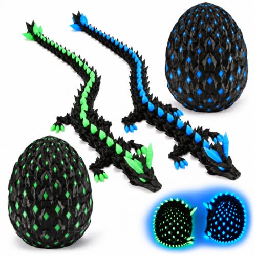 Monjita 3D Printed Dragon Egg Toy with Glow in The Dark, Articulated 3D Printed Animals Fidget, Hatchable Fantasy Easter Egg Gift for Kids & Adults, UV Light Reactive Dragon Figurine (Blue & Green)