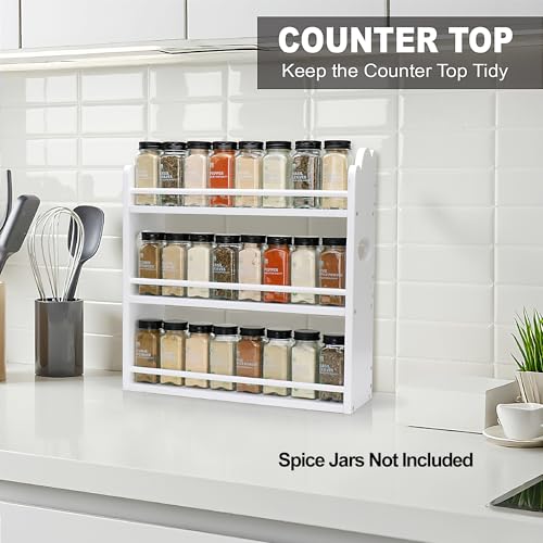 Image of 3-Tier Bamboo Spice Rack, Wall Mount & Countertop Spice Organizer | Seasoning Jars Rack Shelf Spice Organizer for Kitchen, Spice Storage Holder with handles, Front and Rear Protective Design