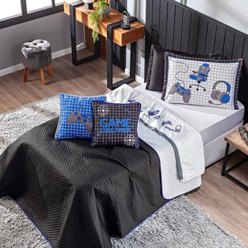 Kit Cobre Leito Colcha SOLTEIRO 05 Peças Game Streamer Dupla Face com Almofadas Estampadas - Jogo Co